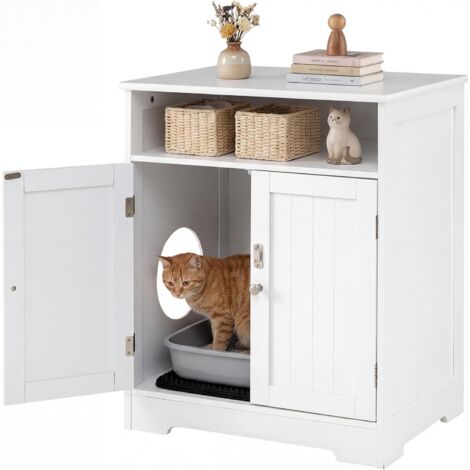 COSTWAY Mobile per Lettiera per Gatti in Legno,Tappetino da Pulire,Porta con Serratura,59x43x73 cm