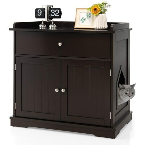 COSTWAY Mobile per Lettiera Gatti in Legno,Cassetto e Ingresso Laterale,76x53x74 cm,Caffè