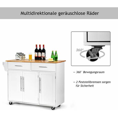 COSTWAY Carrello da Cucina, Carrello di Servizio con Ruote e Maniglia, 3  Ante e 2 Cassetti