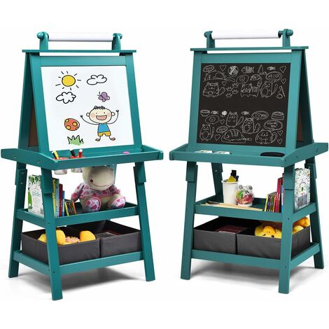 COSTWAY 3 in 1 Cavalletto per Bambini con Doppia Faccia, Cavalletto per Disegno con 2 Vassoi e 2 Scatole, Lavagna Bambini in Legno (Blu) (1/5)