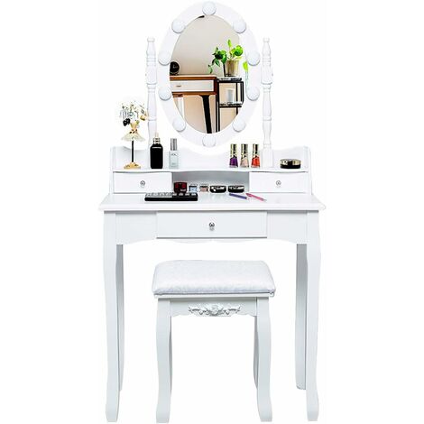 Toeletta con Specchio Ovale e luci, con 10 luci LED e 3 cassetti, Ampia scrivania e Sgabello Imbottito, toeletta Multifunzione con Tanto Spazio, con Specchio Rotante a 360⁰ (Bianco)