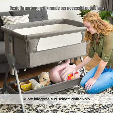 Culla Portatile con Ruote, Culla Fianco Letto con Meterasso Imbottito, Altezza regolabile, Cintura e cesto Portaoggetti