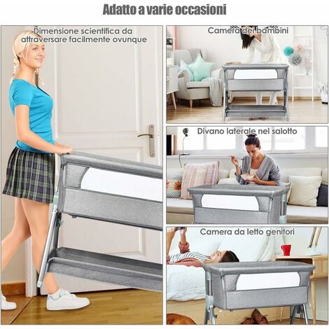 Culla Portatile con Ruote, Culla Fianco Letto con Meterasso Imbottito, Altezza regolabile, Cintura e cesto Portaoggetti