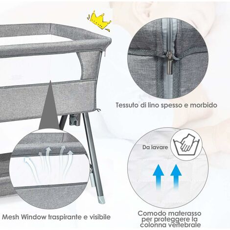 Culla Portatile con Ruote, Culla Fianco Letto con Meterasso Imbottito, Altezza regolabile, Cintura e cesto Portaoggetti