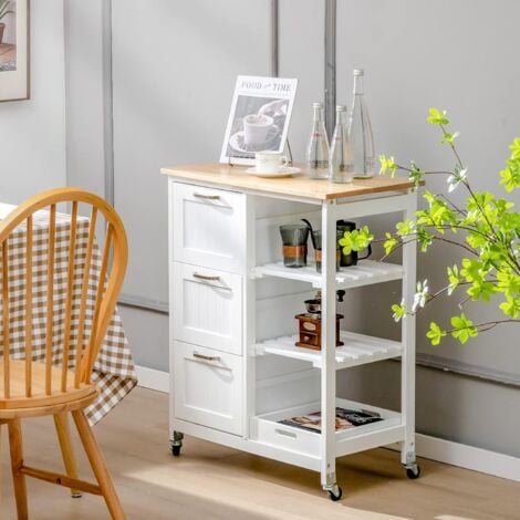 COSTWAY Carrello da Cucina con Ruote, Credenza Cucina con 4 Ripiani e 3 Cassetti, in Legno, Ideale per Cucina Ristorante e Bar, 67 x 37 x 83,5 cm, Bianco