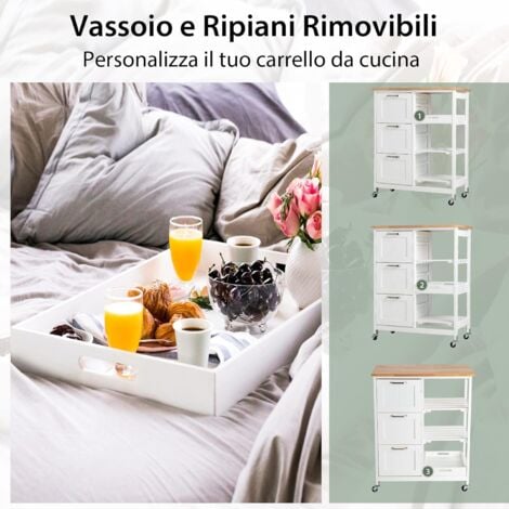 COSTWAY Carrello da Cucina con Ruote, Credenza Cucina con 4 Ripiani e 3 Cassetti, in Legno, Ideale per Cucina Ristorante e Bar, 67 x 37 x 83,5 cm, Bianco