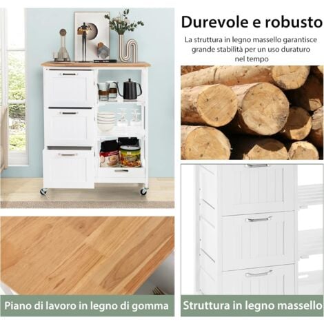 COSTWAY Carrello da Cucina con Ruote, Credenza Cucina con 4 Ripiani e 3 Cassetti, in Legno, Ideale per Cucina Ristorante e Bar, 67 x 37 x 83,5 cm, Bianco