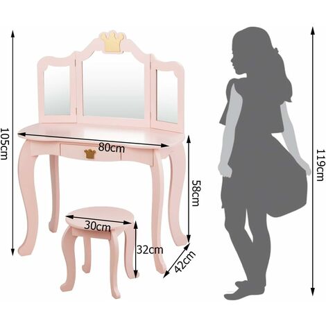 Costway Set toeletta e sedia per bambine, Toeletta 2 in 1 con