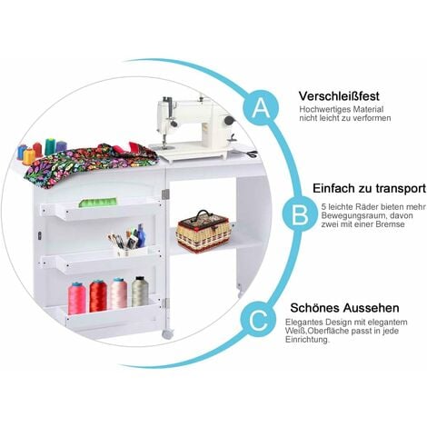 Tavolo Da Cucito Pieghevole COSTWAY Con Ruote - Mobile Multiuso Con Ripiani Portaoggetti