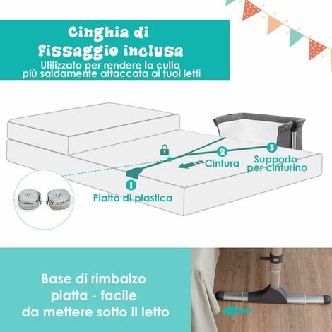 COSTWAY 2 in 1 Culla Neonato Fianco Letto Lettino Neonati Cosleeping, con Materasso, 4 Altezze Regolabile, con Giocattoli e Carillon- 0-6 Mesi, 9 Kg (Grigio Scuro)