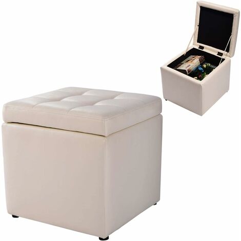 Sgabello con Vano Portaoggetti Poggiapiedi in PU, capacità di Carico Fino a 300 kg, 40 x 40 x 40 cm (Crema Bianco)