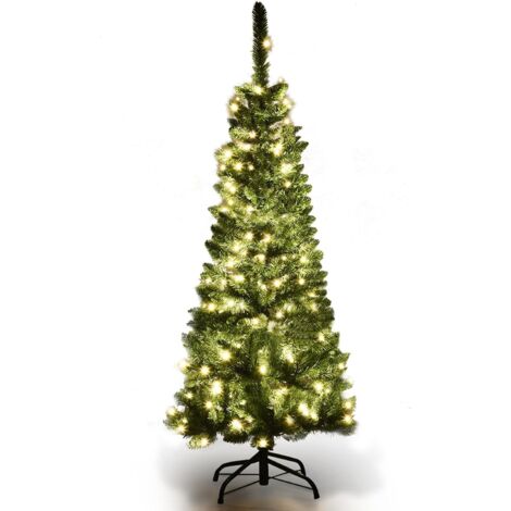 COSTWAY Albero di Natale 135/200/225 cm, Albero di Natale Slim con 150/250/350 Luci a LED Calde, 226/708/1085 Rami Folti e Base di Metallo, Albero di Natale con Luci Incorporate per Festa (135 cm)