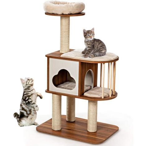 COSTWAY Tiragraffi per Gatti Adulti, Tiragraffi per Gatti con Cuccia, Piattaforma, Cuscini e Tiragraffi, Albero Tiragraffi per Gatti Grandi Alto in Legno, 68 x 48 x 117 cm, Marrone