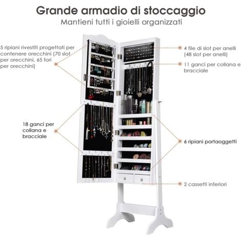 COSTWAY Armadietto Portagioie Specchiera per Gioielli con Chiave e Luci  LED, Specchio Figura Intera da Terra