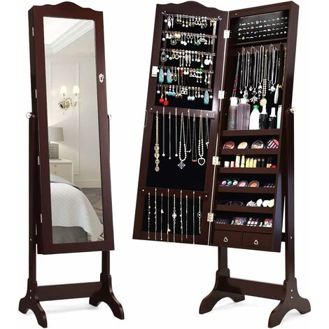 COSTWAY Armadietto Portagioie Specchiera per Gioielli con Chiave e Luci LED, Specchio Figura Intera da Terra, 160x41,5x37cm (Marrone)