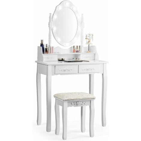 Costway Set tavolo toeletta con 10 luci LED e specchio ovale, Tavolo da trucco  con 4 cassetti e sgabello imbottito Bianco>