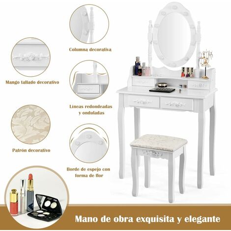 COSTWAY Toeletta Trucco con Specchio Girevole, 10 Luci LED, Luminosità  Regolabile, Postazione Trucco con Sgabello e