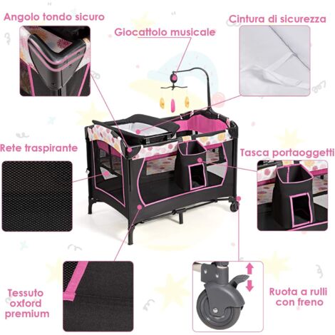 Lettino da Viaggio per Neonati Box Portatile, Lettino Pieghevole con Ruote e Materassino, Borsa di Trasporto e Giochi Inclusi, Rosa