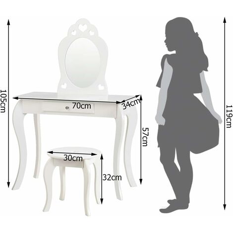 COSTWAY Set Toeletta e Sedia per Bambine - Specchio e Cassetto, Toletta  Trucco 2 in 1 con Superficie Smontabile, 70 x 34 x 105 cm, Bianco