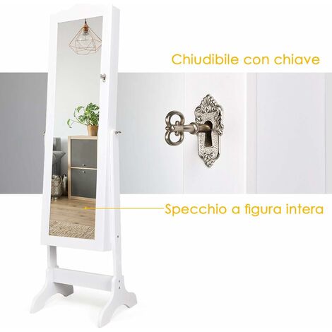 Armadio portagioie richiudibile, Organizer per tutti i tipi di gioielli  design verticale con angolo regolabile Bianco - Costway