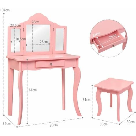 Set toeletta con specchio per bambini 3-7 anni, Tavolo con cassetti e  sgabello imbottito 70x34x101cm Rosa - Costway