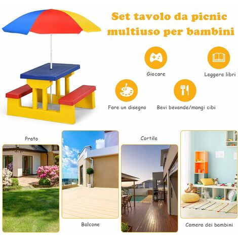 Tavolo da Picnic per Bambini con Parasole Pieghevole, Set di Tavolo e  Panche per Giardino Esterno (