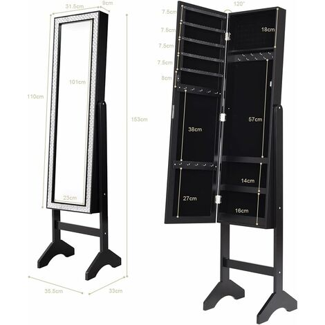 Portagioie Con Specchio E Luci LED COSTWAY - Organizer Moderno 145x35x31.5 Cm Nero - Foto 8