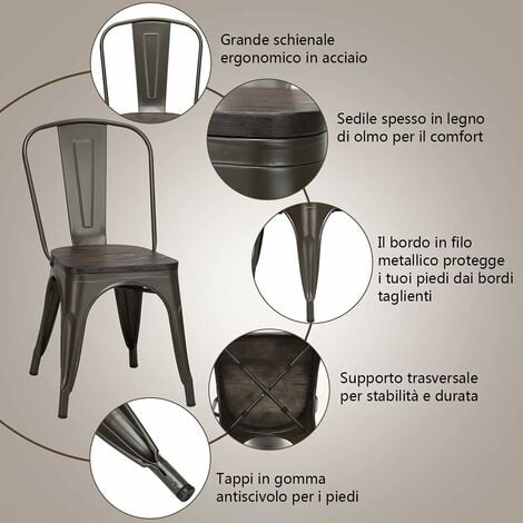 Set di 4 sedie in Metallo, Sedia da Cucina e da Sala da Pranzo, Sgabello di