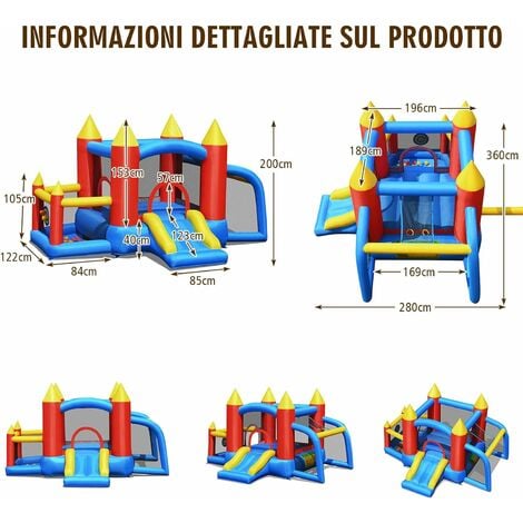 COSTWAY Castello Gonfiabile per Bambini, con Scivolo, 60 Palline, Borsa di  Trasporto e Kit di Riparazione