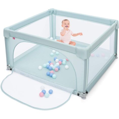 COSTWAY Box per Bambini, Centro Attività Portatile con Cancelli di Sicurezza, Recinto Resistente con Ventose Antiscivolo e Pareti a Rete Traspirante, Cancello per Giocare con Palline (Azzurro chiaro)