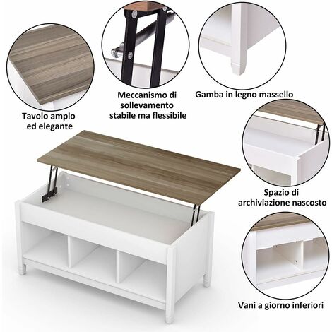 COSTWAY Tavolino da Caffè di Legno con Superficie Sollevabile