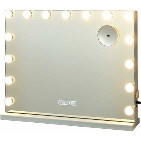 COSTWAY Specchio per Trucco Illuminato con 15 Lampadine Luci LED, Specchio da Toeletta Controllo Touch, per Scrivania e Muro, Multiple modalità di Colore, con Altoparlante Bluetooth