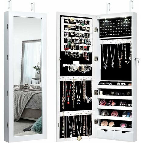 COSTWAY Armadio per Gioielli con 2 luci LED, con Specchio a Figura, Organizer Montato al Muro con Ganci Regolabili per Appendere, Armadio Portagioie per Truccarsi (Bianco)