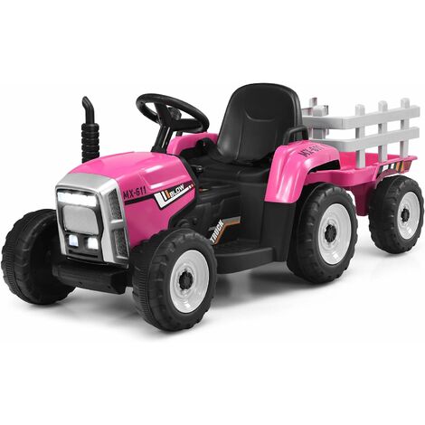 COSTWAY Trattore con Rimorchio Cavalcabile per Bambini 12V, Trattore Elettrico Telecomandato, con Luci e Suoni, 30kg, 3+ Anni (Rosa)