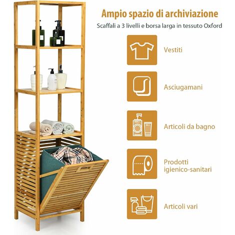 Cesta portabiancheria 72L in bambù con sacca rimovibile e lavabile  coperchio, Cesto biancheria pieghevole - Costway