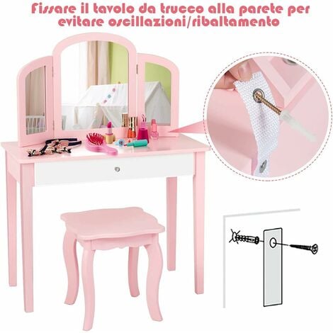 COSTWAY Set Toeletta Trucco - Sedia per Bambini, 3 Specchio e Cassetto  Grande, 95 x 70 x