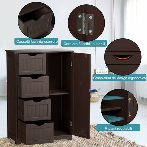 Armadio del Bagno, Armadio di Legno con 4 Cassetti e 1 Mensola Regolabile,  Organizer Casa Multiuso