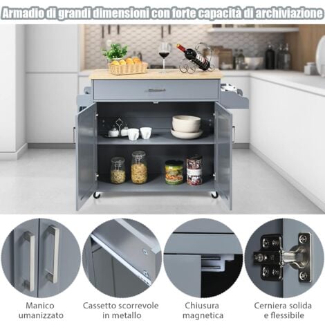 COSTWAY Carrello da Cucina con Ruote di Gomma, Scaffale per Microonde Carrello Servizio, Credenza Cucina Legno Moderno Elegante, 116 x 37 x 85 cm (Grigio)