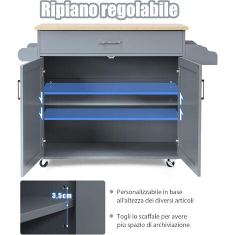 COSTWAY Carrello da Cucina con Ruote di Gomma, Scaffale per Microonde Carrello Servizio, Credenza Cucina Legno Moderno Elegante, 116 x 37 x 85 cm (Grigio)