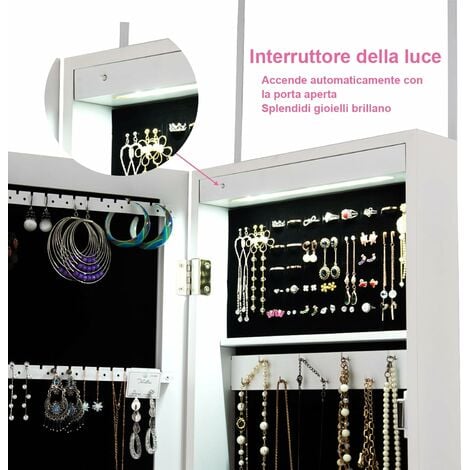 COSTWAY Armadietto per Gioielli con Specchio a Parete e Porta con Luce a LED,  Portagioielli da