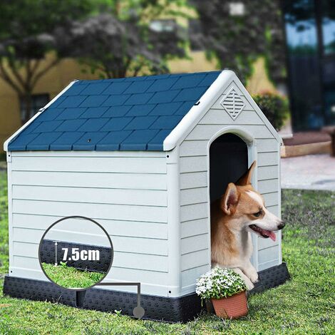 Cuccia per Cani da Esterno Impermeabile, Canile Villa per Cani in PP Resina, Bianco/Blu (70x65x71,5cm)