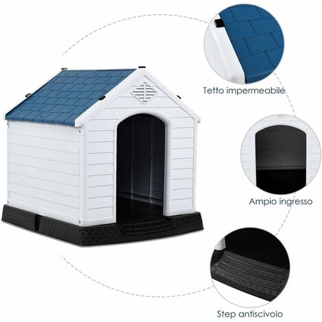 Cuccia per Cani da Esterno Impermeabile, Canile Villa per Cani in PP Resina, Bianco/Blu (70x65x71,5cm)