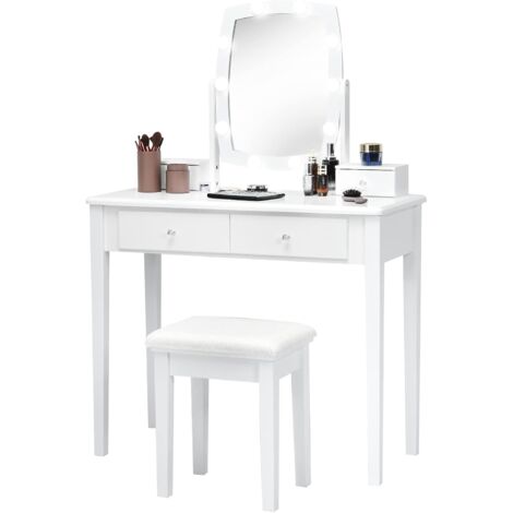 Set toeletta per trucco specchio LED con sedia tavolino make-up legno MDF bianco
