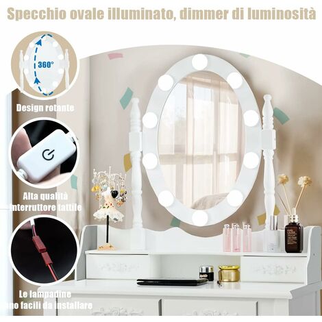 Scrivania per trucco con specchio e luci, set di toletta bianco