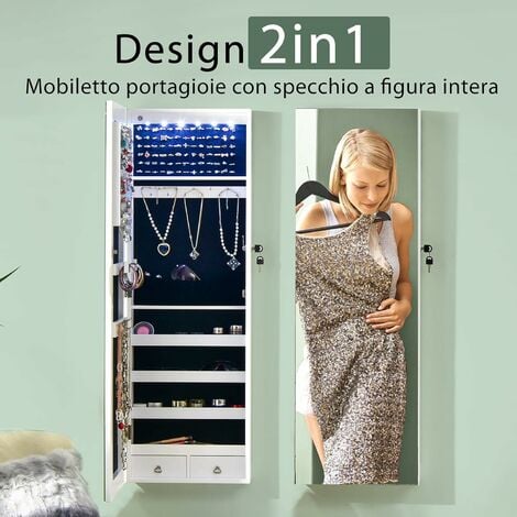COSTWAY Armadietto Portagioie con Specchio, Armadio per Gioielli con 6 Luci  LED e Cassetti, Organizer Gioielli
