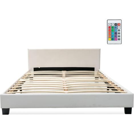 COSTWAY Struttura per Letto Matrimoniale in Legno, Con Testiera Imbottita Luce LED Multicolore e Telecomando, 210 x 145 x 66 cm, Capacità di Carico 200 kg, Bianco