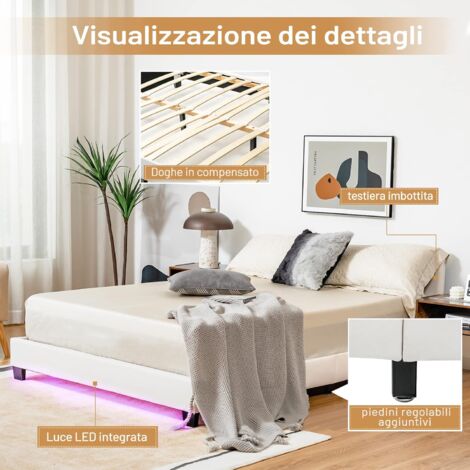 COSTWAY Struttura per Letto Matrimoniale in Legno, Con Testiera Imbottita Luce LED Multicolore e Telecomando, 210 x 145 x 66 cm, Capacità di Carico 200 kg, Bianco
