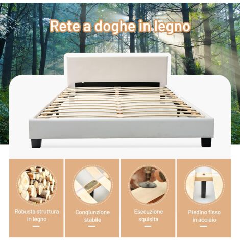 COSTWAY Struttura per Letto Matrimoniale in Legno, Con Testiera Imbottita Luce LED Multicolore e Telecomando, 210 x 145 x 66 cm, Capacità di Carico 200 kg, Bianco