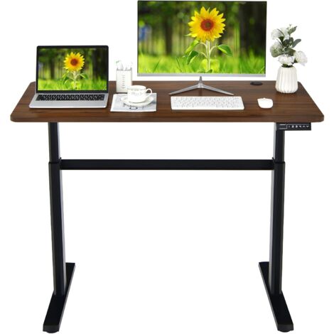 COSTWAY Scrivania Elettrica Regolabile in Altezza 73-122cm, 4 Postazioni di Memorie, Marrone Rustico (1/5)