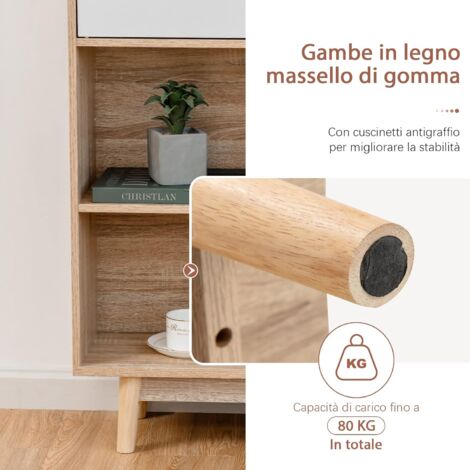 COSTWAY Libreria di Legno a 4 Livelli, Libreria con 2 Ante, 4 Mensole Aperte, Gambe in Legno di Gomma, Cuscinetti Antigraffio e Dispositivo Antiribaltamento, 80 x 24 x 119,5 cm (Bianco)